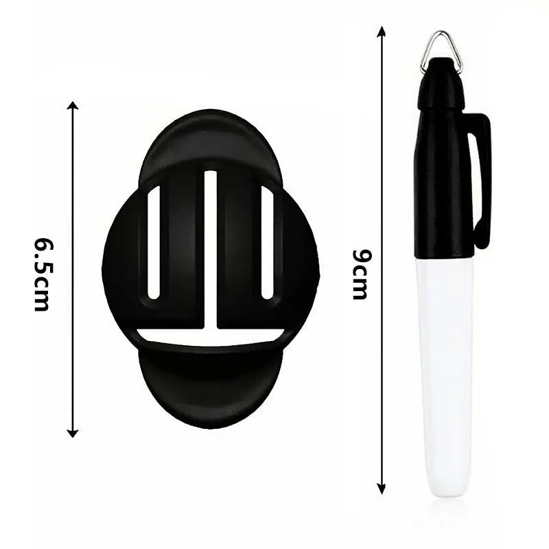 Plastic golf putter alignment tool set with four scribers and one drawing pen on a green.