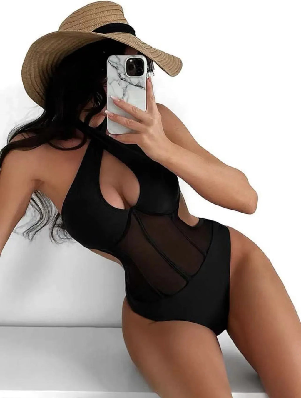 Ladies one-piece swimsuit bikini in spun yarn fabric shown in black, rose red, and green colours.
