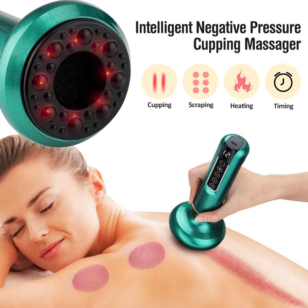 Green electric vacuum cupping massager with digital display and charging cable.