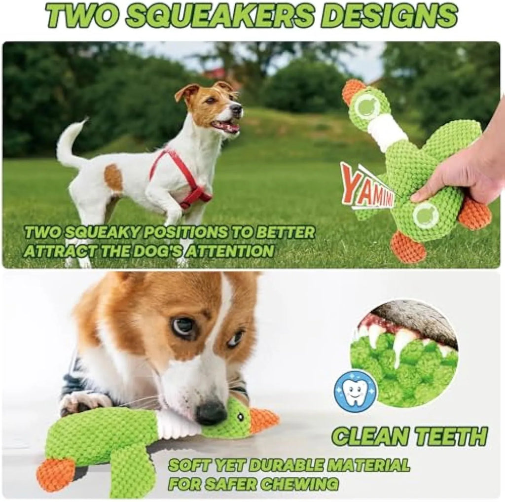 Blue durable plush duck dog toy with two squeakers for chew and fetch play.