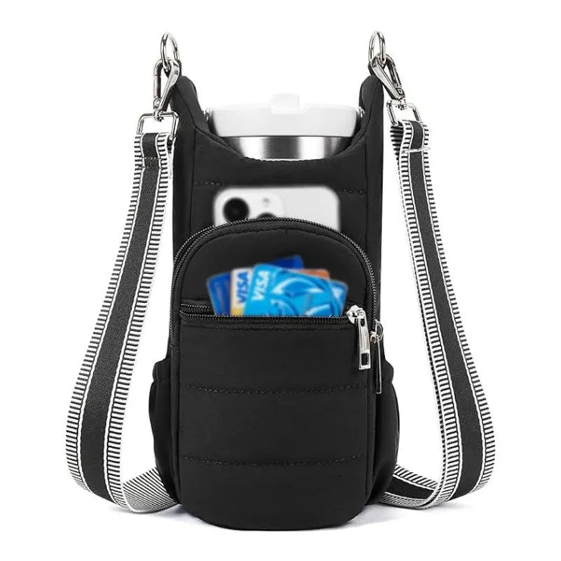 A modern simplicity style cloth water bottle bag for bicycles in a choice of black, pink or beige.