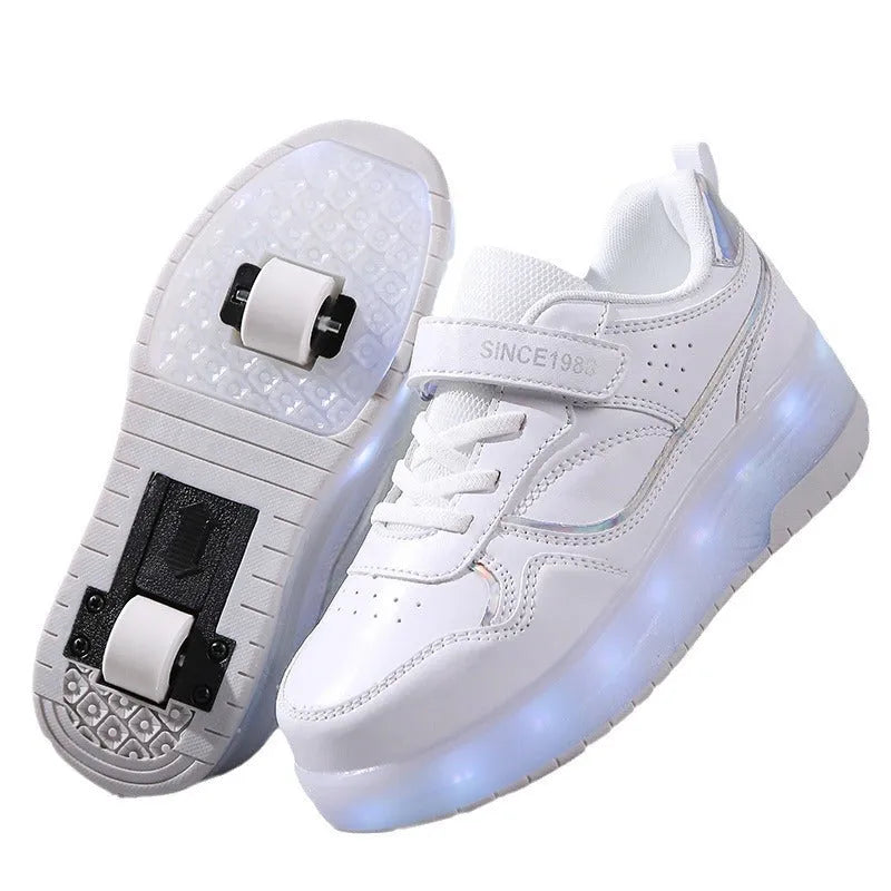Child wearing rechargeable roller skates with illuminated flash wheels in a choice of colours