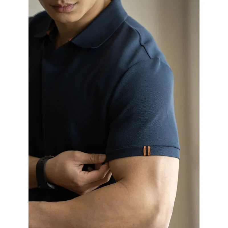 Men's short-sleeve cotton polyester polo shirt in blue, black and white colours showing regular fit design