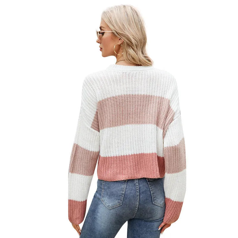 Women's short striped casual pullover sweater in loose fit, shown in dark blue, pink, or yellow colour options.