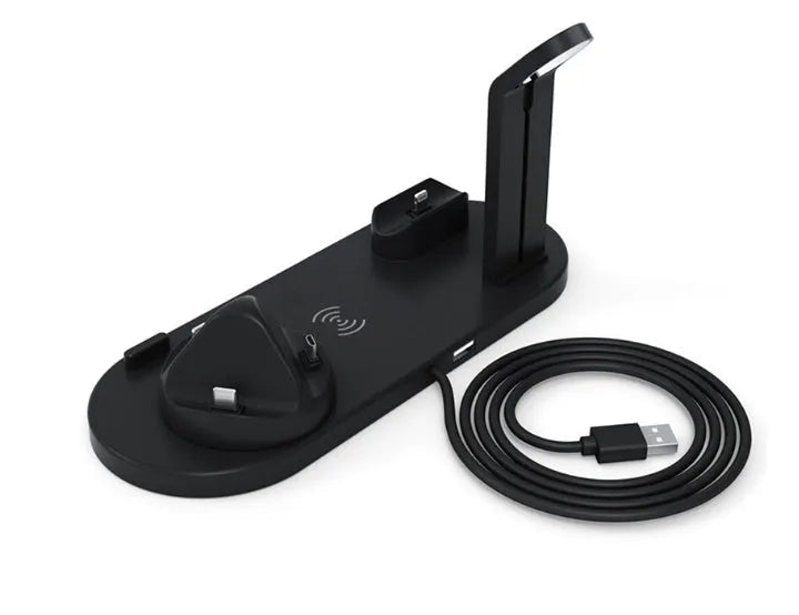 Desktop stand three-in-one wireless charger in black charging a smartphone, earbuds, and watch