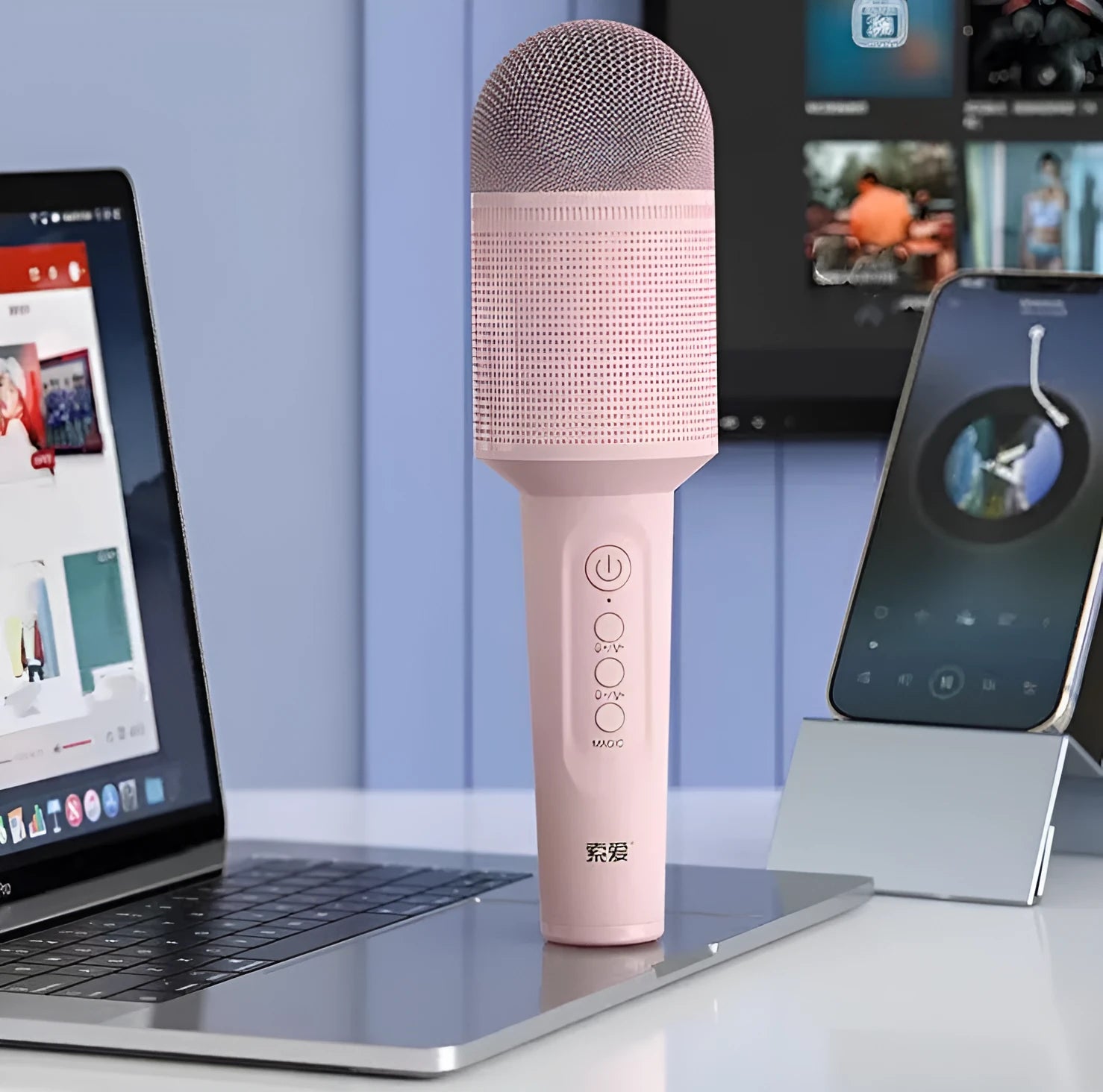 Wireless Bluetooth karaoke microphone in pink, blue, or green colour options.