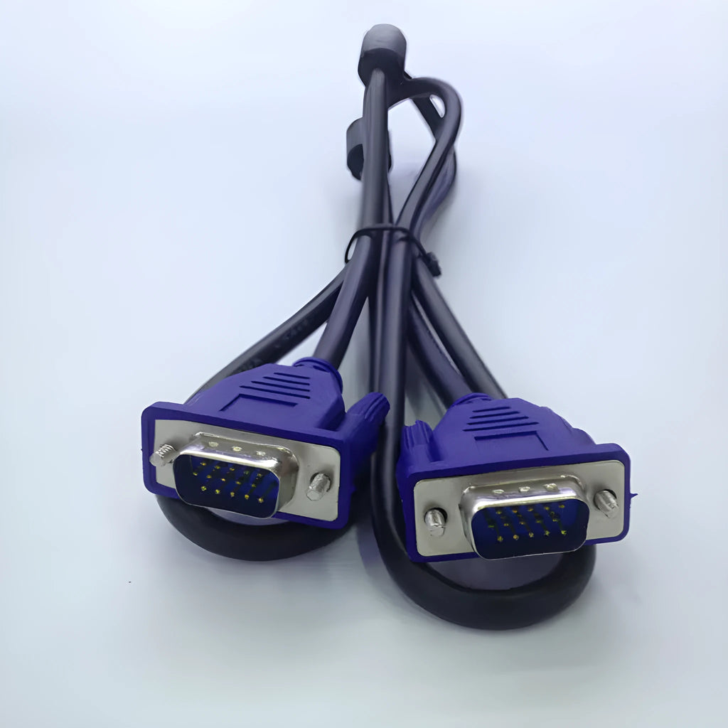 Black VGA cable with blue connectors and nickel-plated terminals measuring 1.5 metres for computer to monitor connection