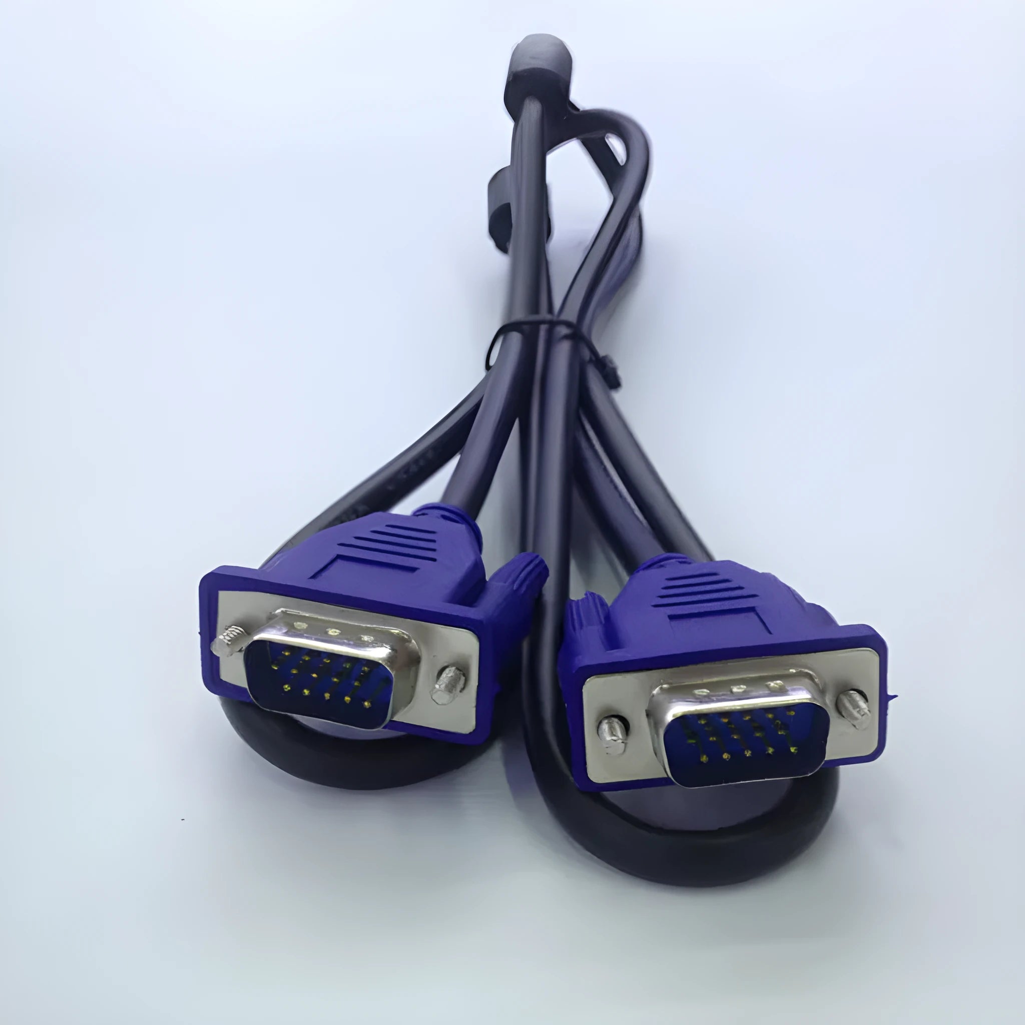 Black VGA cable with blue connectors and nickel-plated terminals measuring 1.5 metres for computer to monitor connection