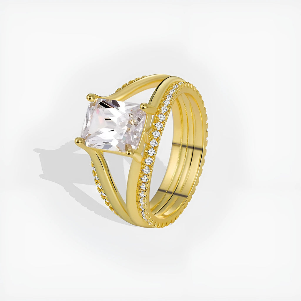 Gold geometric women's ring with zircon stones showing side and top view