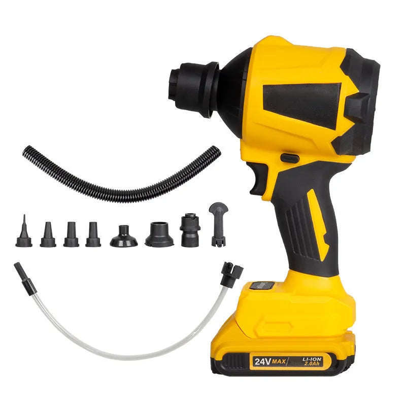 Yellow cordless dust gun with 18V lithium battery for office and appliance cleaning