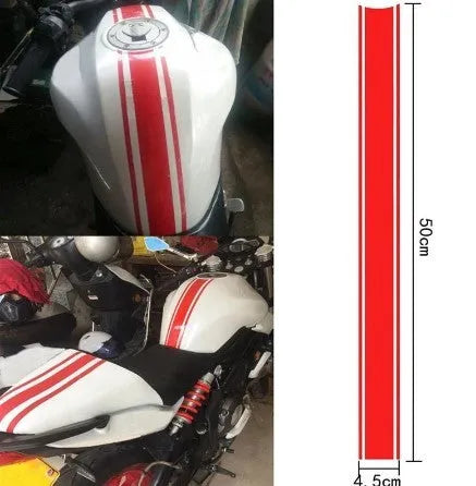 Motorcycle reflective pinstripe sticker showing 50cm black vinyl strip for gas tank lid application
