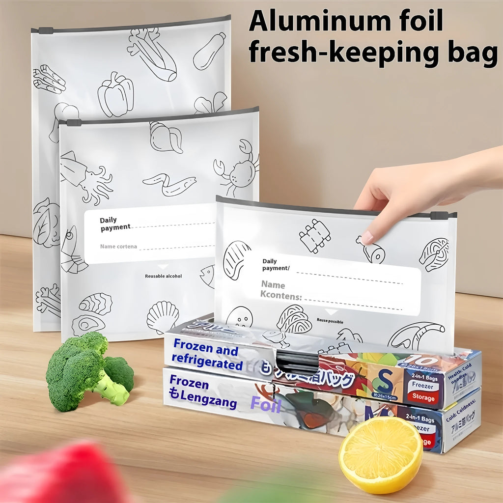 Set of reusable aluminium foil fresh-keeping bags with sealing function in three different sizes.