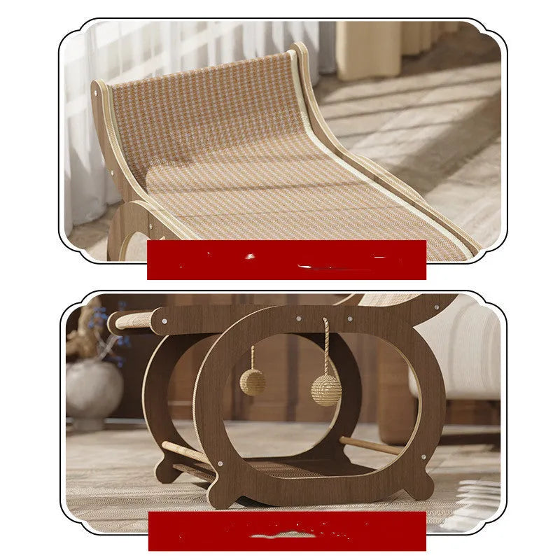 Solid wood sisal cat scratching mat in wood colour resting on floor