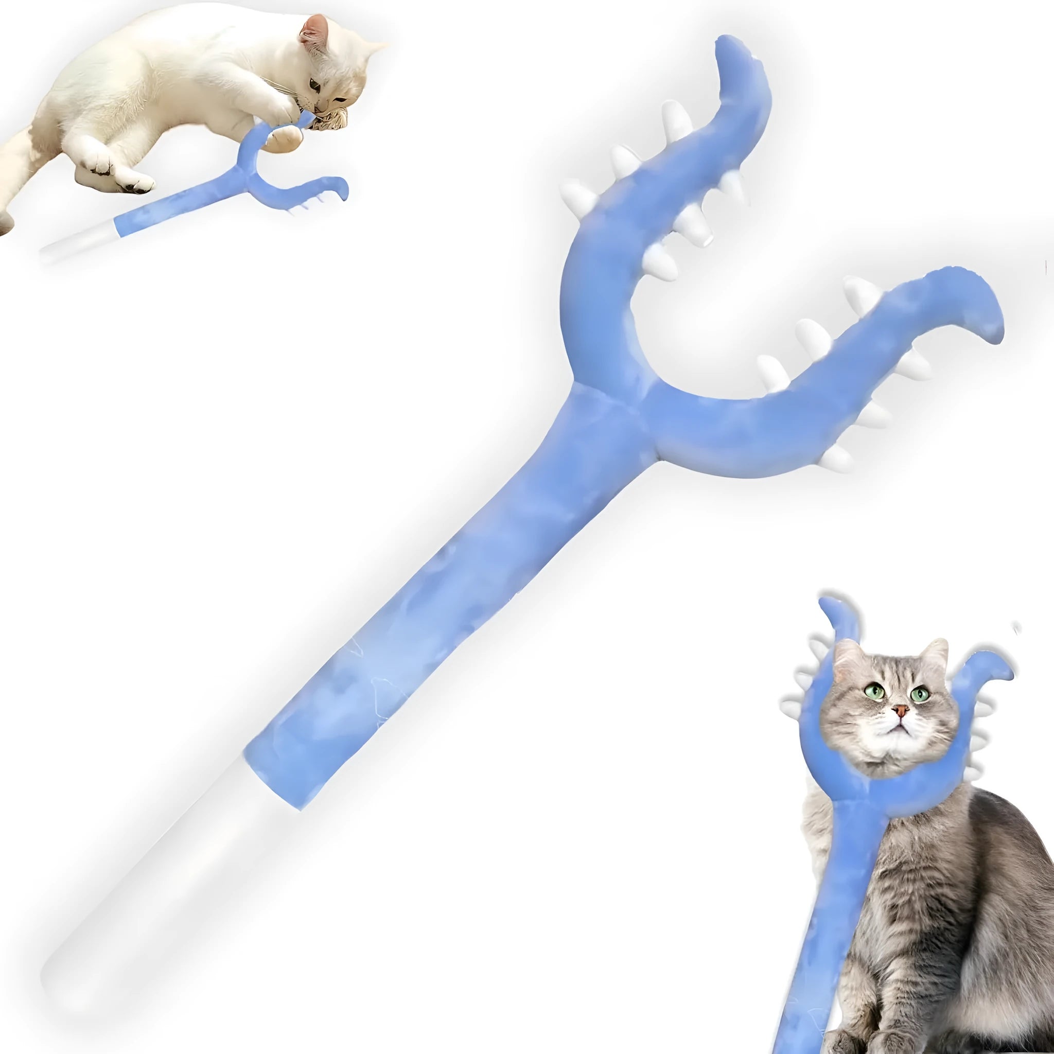 Blue plush cat wand toy with 70cm length showing soft exterior and foam-filled head section