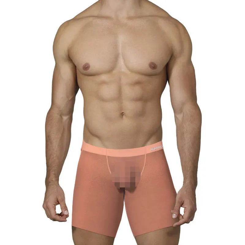 Men's ice silk boxers in orange, pink and red colours showing low waist design