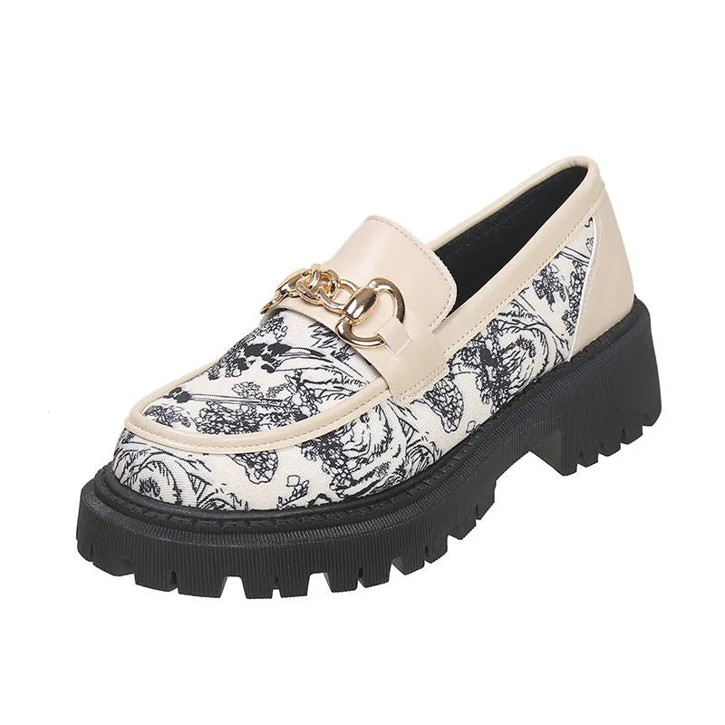 Plus size Mary Jane platform loafers with golden chain, PU upper, round toe, mid heel 3-5CM, available in Black, Milky White, Beige