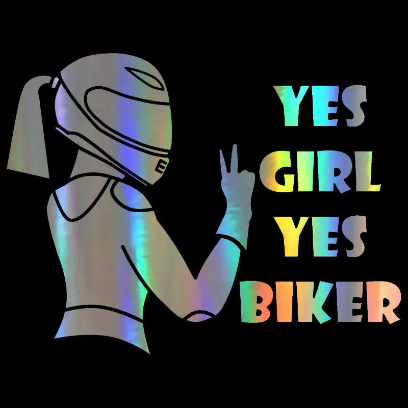Cool Girl Rider character car sticker in black, white, or laser colour.