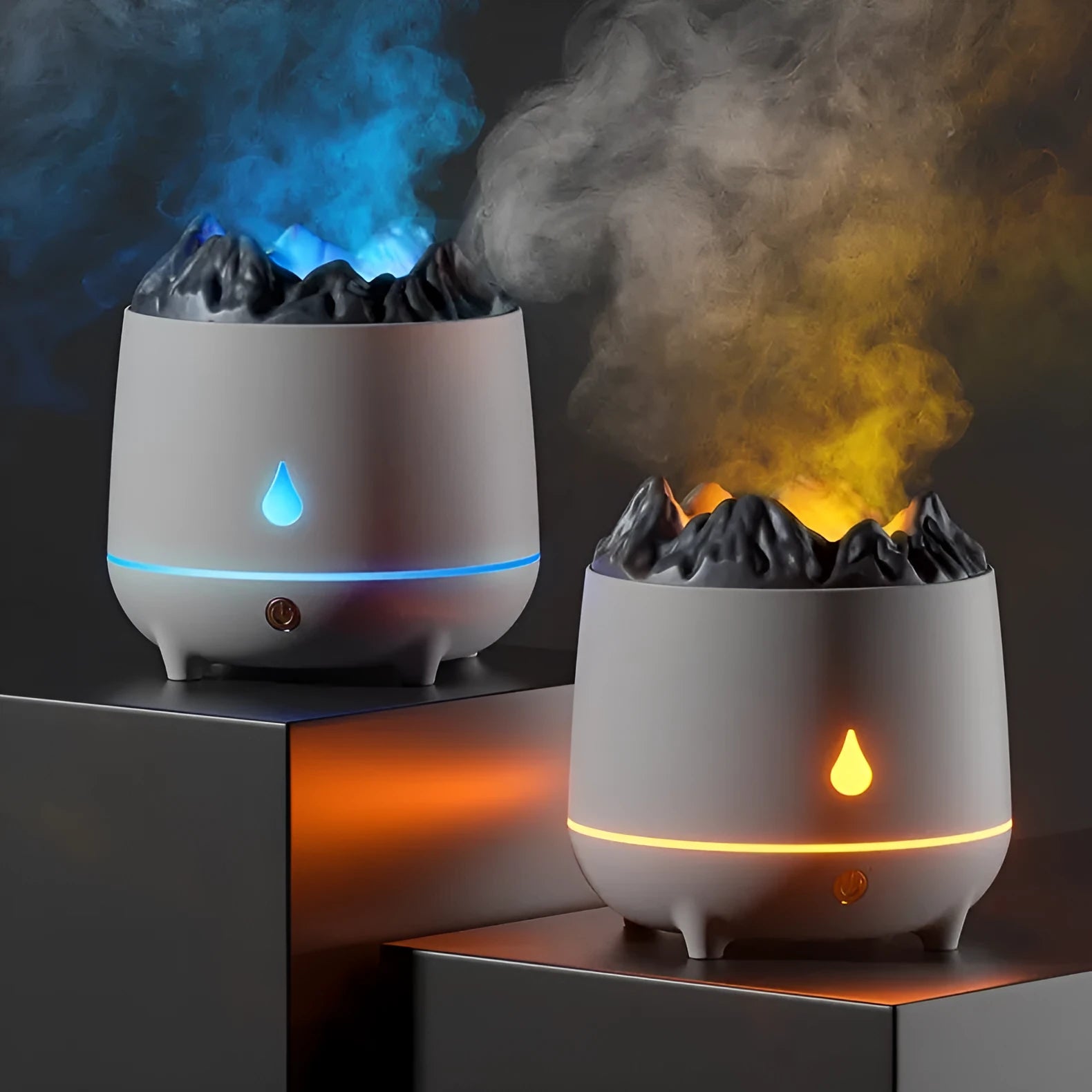 White volcano-shaped ultrasonic humidifier and aromatherapy diffuser on a table.