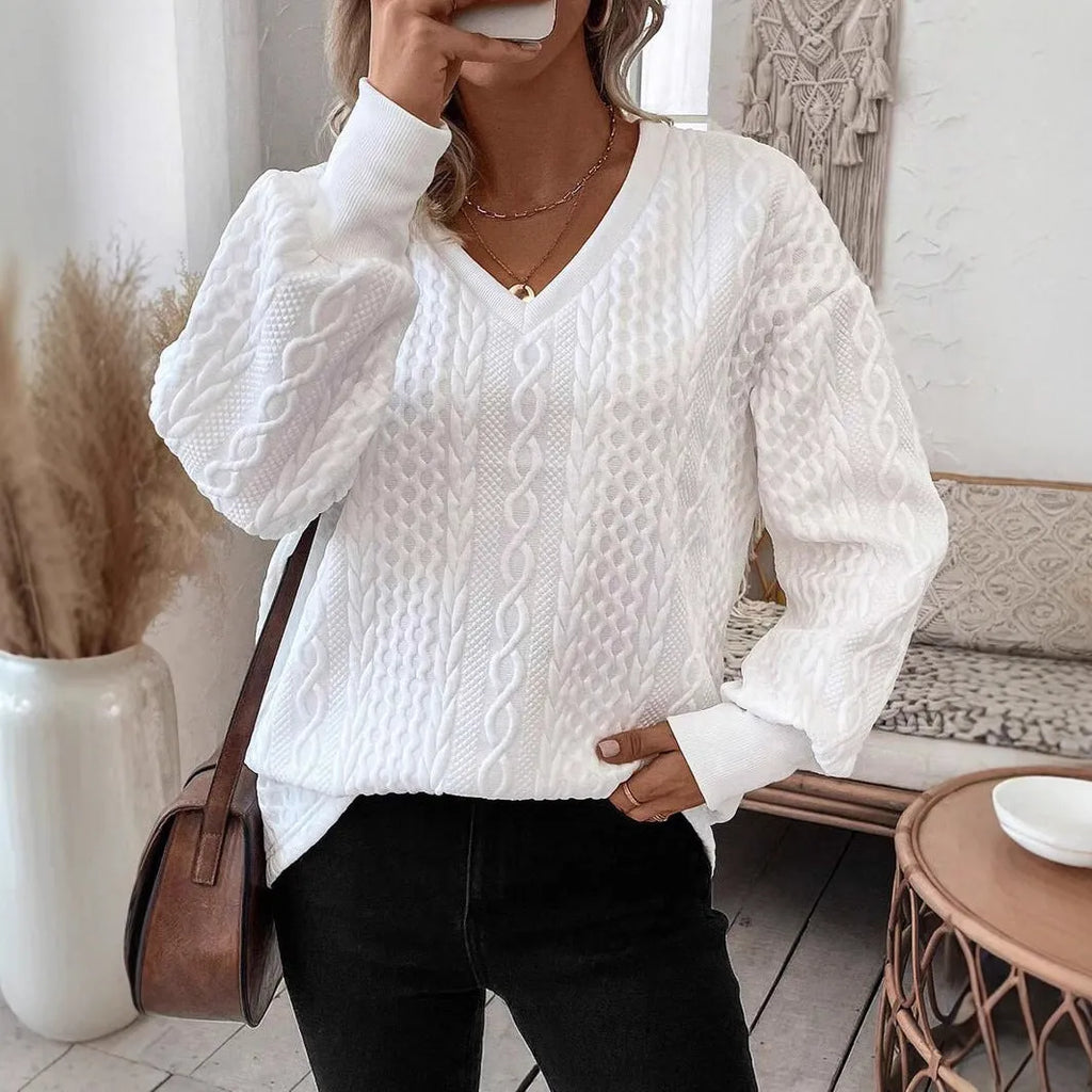 Milky white loose fit long sleeve t-shirt with a 3D pattern, showcasing Japanese Korean casual style.