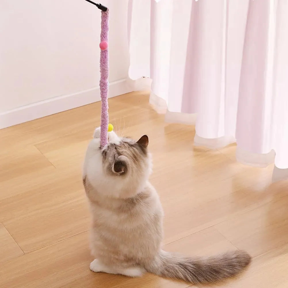 Blue cat wand toy with long plush strip and fluffy ball with bell