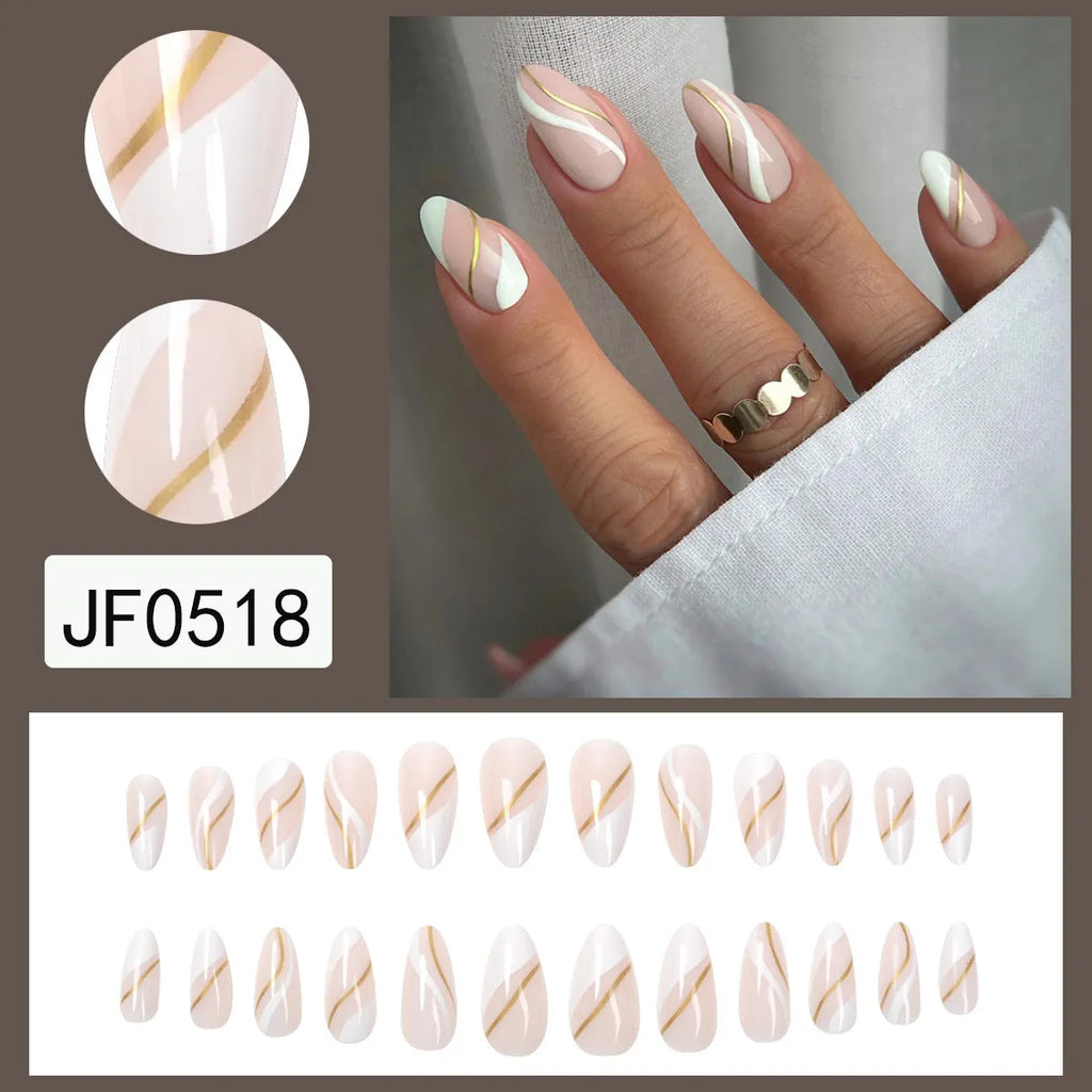 Plastic wearable nail stickers in JF0518 plaid pattern with medium drop shape and jelly glue backing.