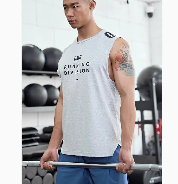 Men's loose fit mesh sports vest in black, showing lightweight wicking fabric and straight hem design.