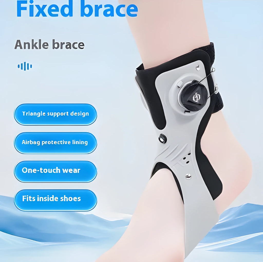 Adjustable airbag button ankle support brace shown in grey colour, designed for left or right foot.