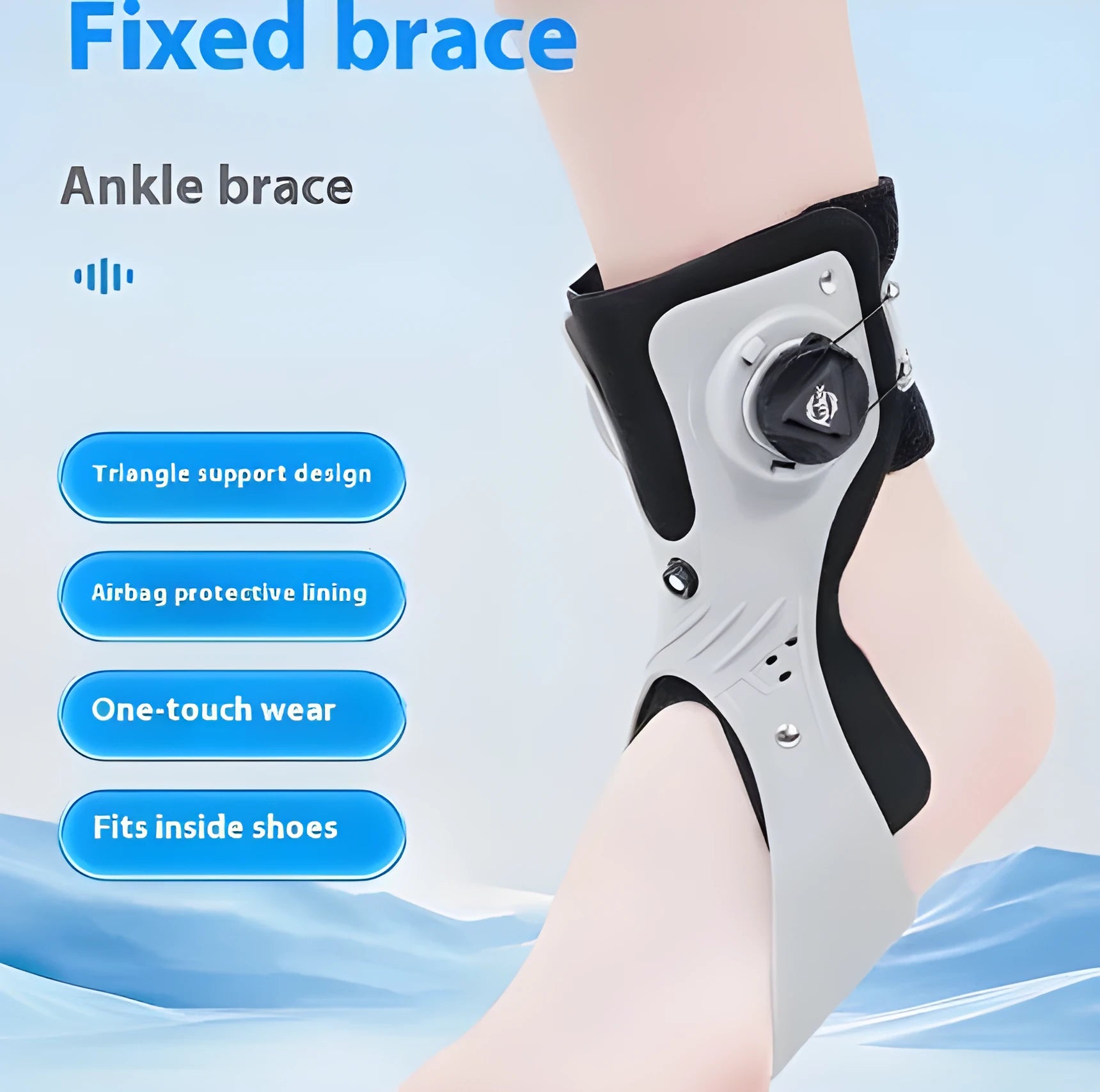 Adjustable airbag button ankle support brace shown in grey colour, designed for left or right foot.