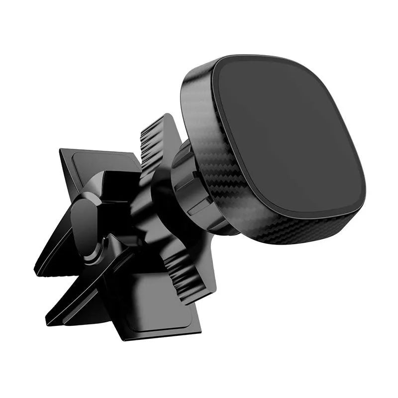 Black magnetic car phone holder mounted on vehicle air conditioning outlet
