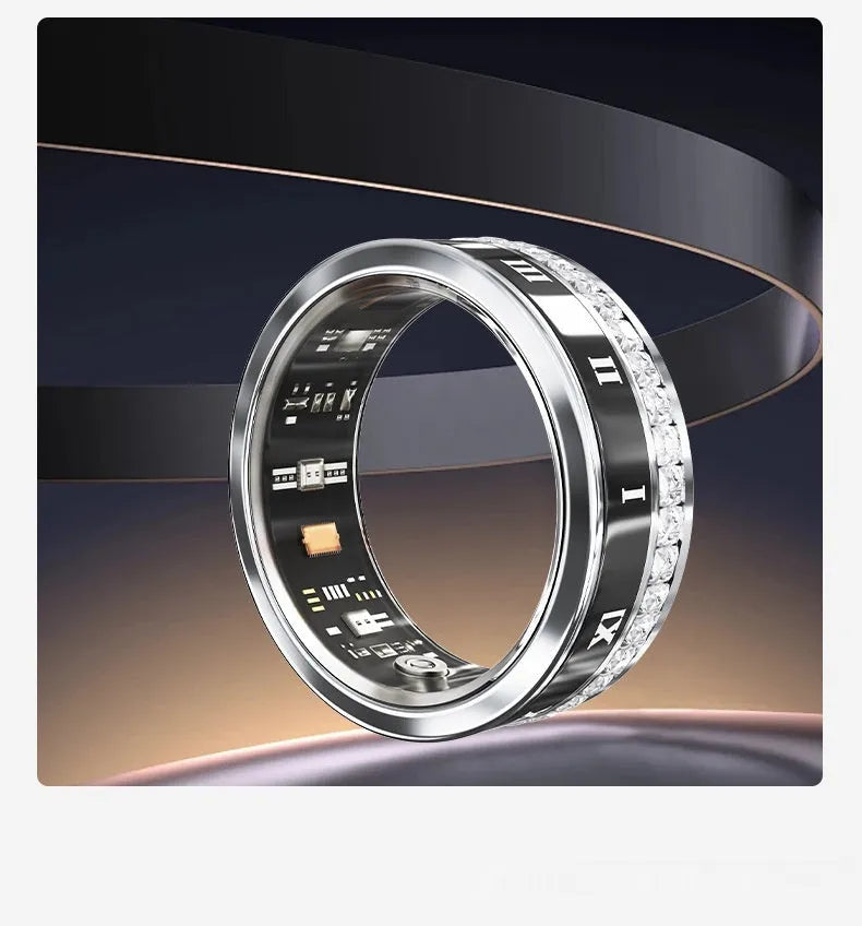 Silver and gold smart ring with diamond inlay showing blood oxygen monitoring functionality
