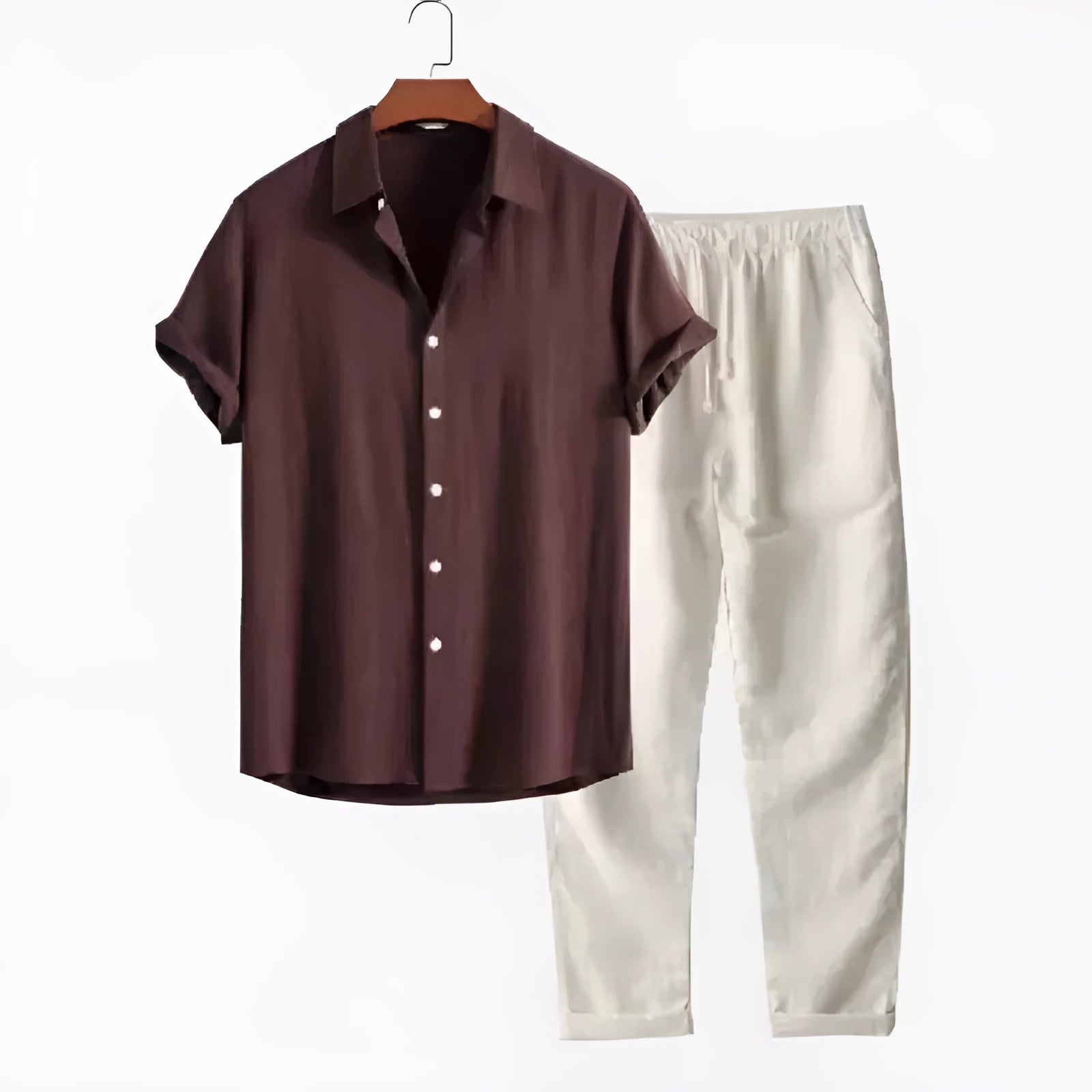 Men's loose fit casual suit with short sleeve shirt and trousers in linen-look polyester fabric