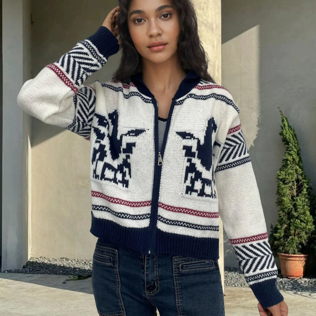 White women's zip-front cardigan with contrast striped jacquard pattern and lapel collar.