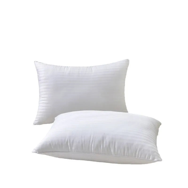 White cotton satin stripe pillow with feather cotton filler, shown in standard bedding size.