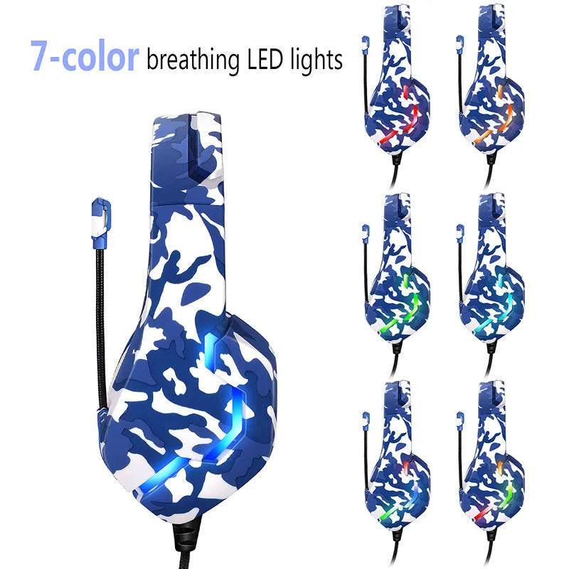 Wired gaming headset with cloth earmuffs and braided cable in camouflage blue colour with 3.5mm plug