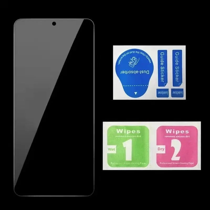 Anti-spy tempered glass screen protector for Poco and Redmi Note mobile phones on a table.