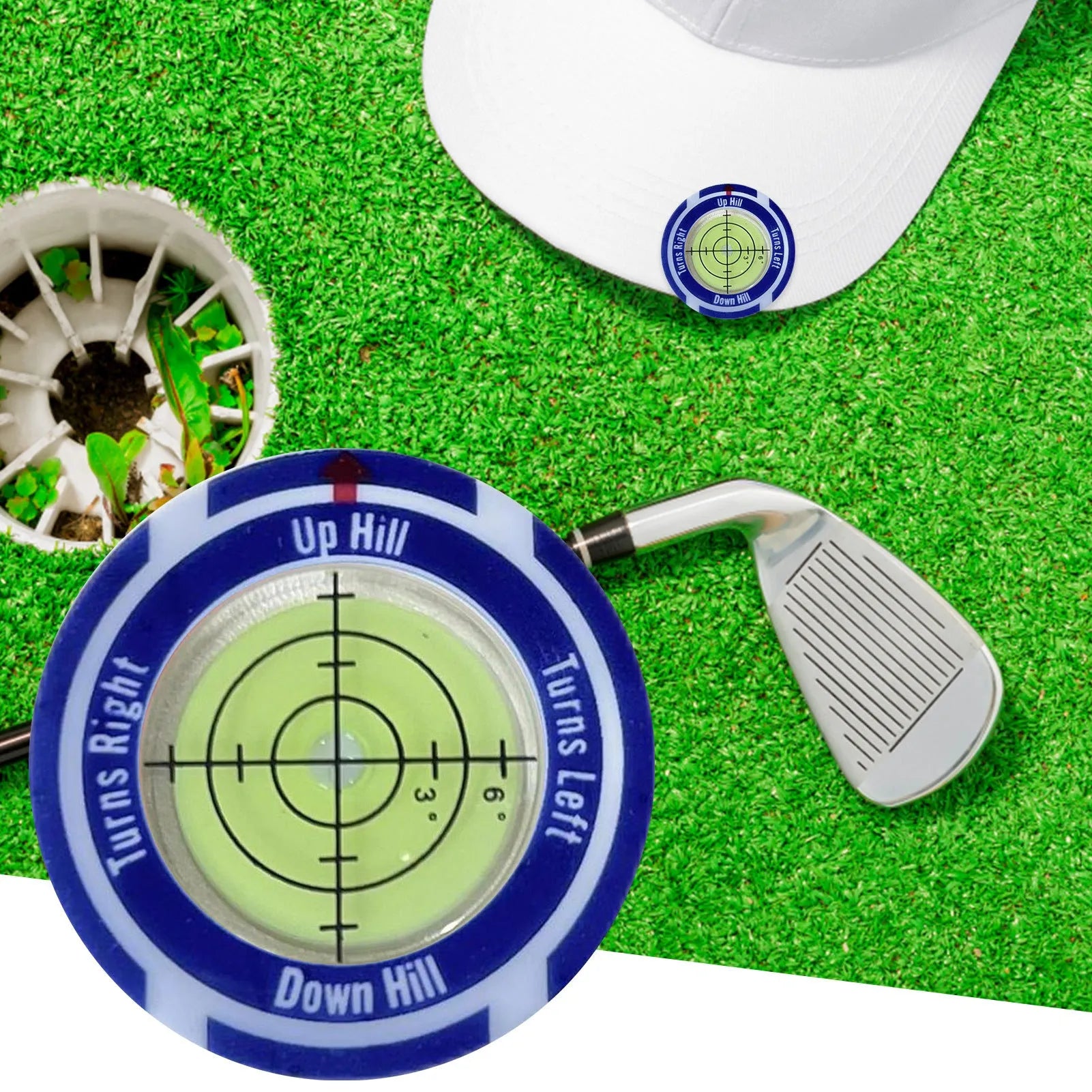 Golf level hat clip accessory with position mark in multiple colour options for distance measurement