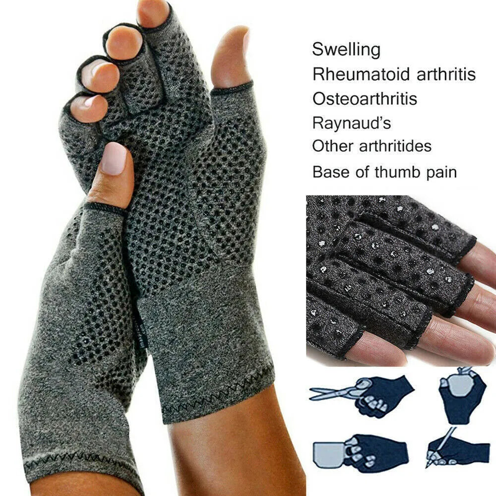 Grey half-finger joint compression gloves with anti-slip palm grip.