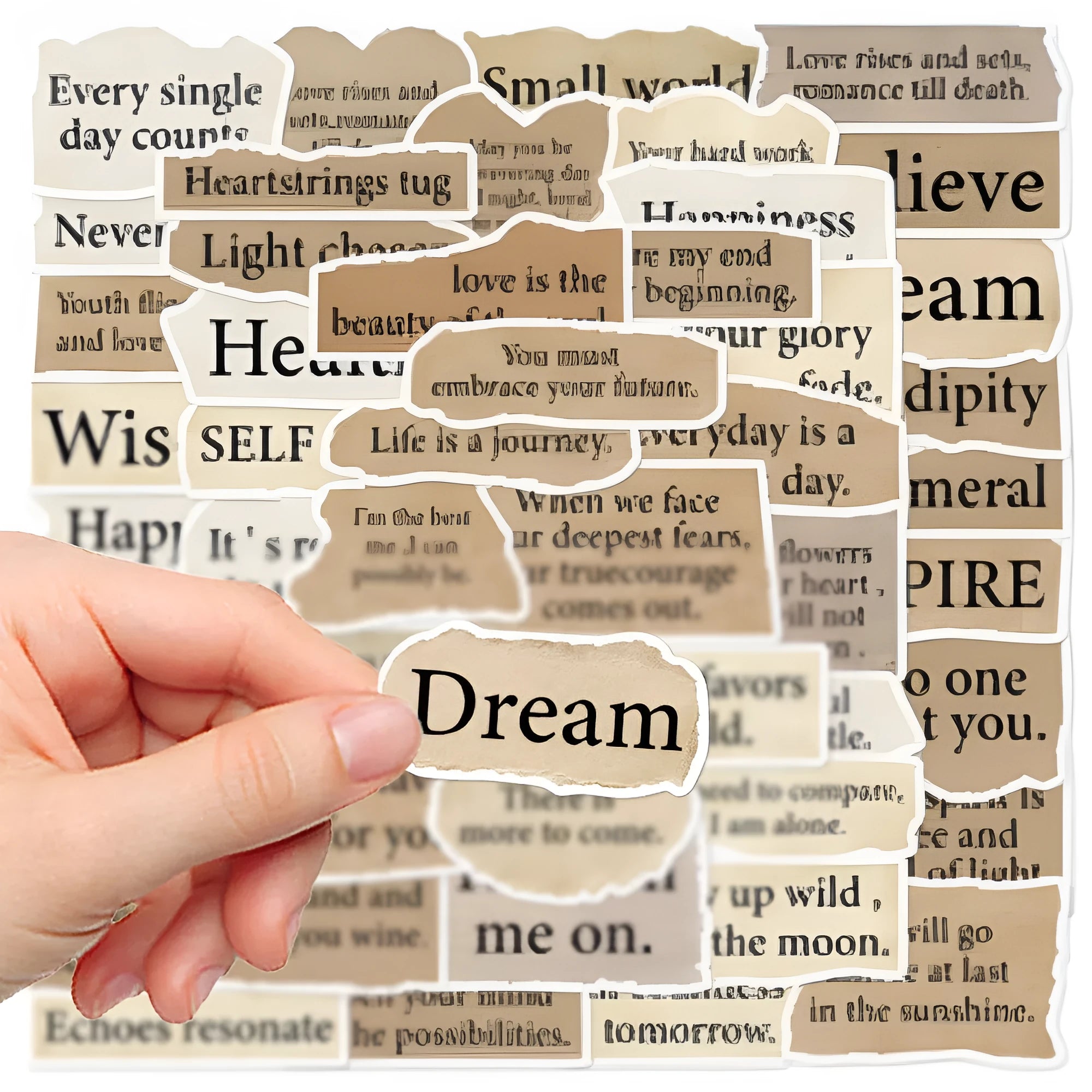 Torn English design laptop stickers in assorted sizes from 4 to 7 centimetres