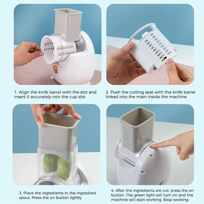 White electric vegetable slicer with suction base and multiple blades for potato and carrot cutting
