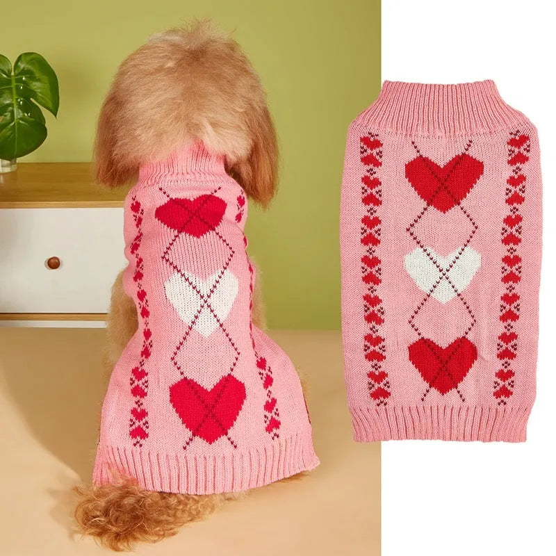 Fashion dog sweater with heart and bow design in acrylic knit fabric
