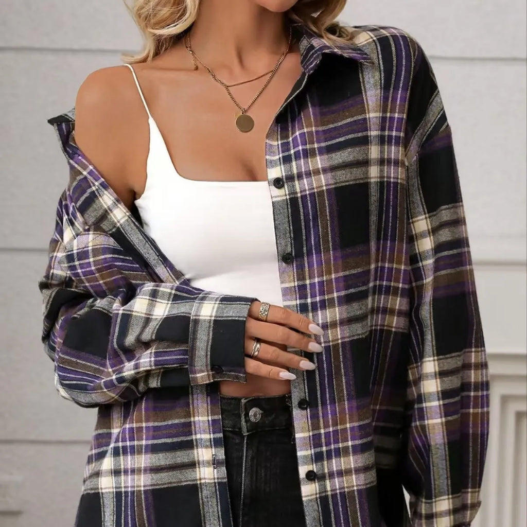 Women's loose-fit retro plaid cotton shirt in black, shown with long sleeves.