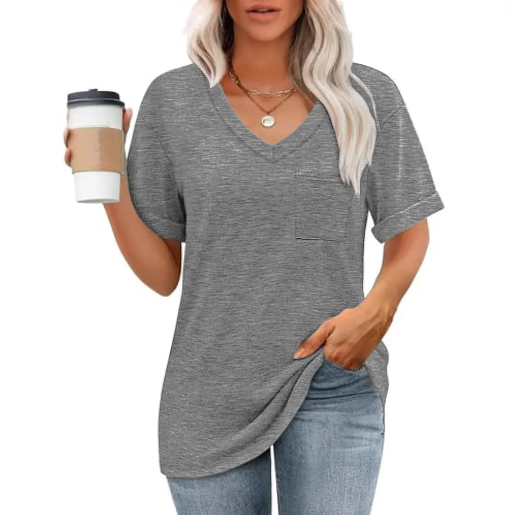 Grey loose V-neck short sleeve T-shirt with chest pocket in Japanese Korean casual style