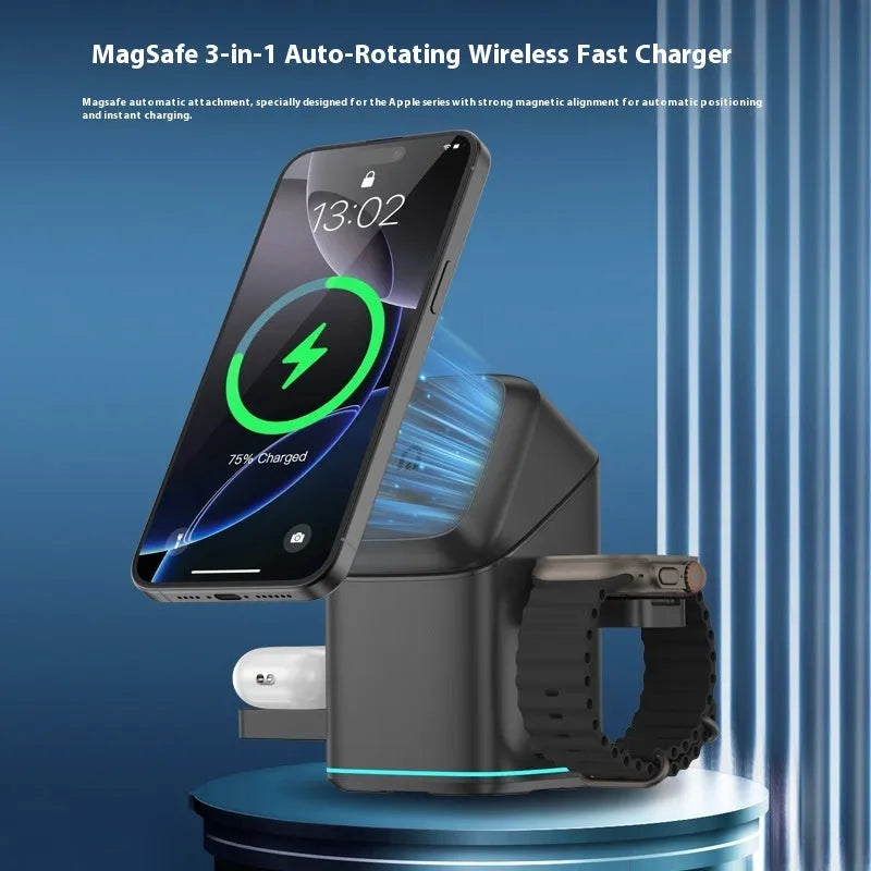 Black magnetic wireless charging stand for mobile phones with 180-degree rotation feature