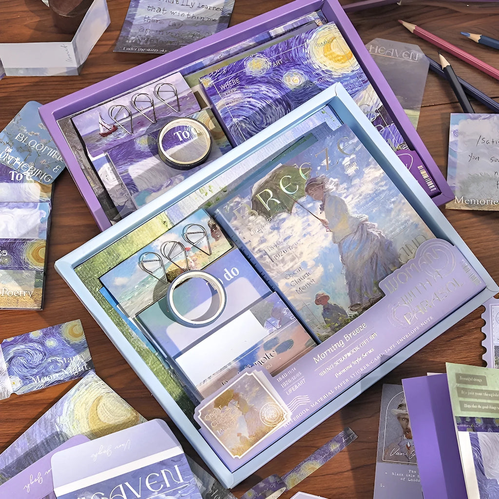 Creative journal gift box with A6 plaid notebook and accessory set including paper, stickers, cards, and photo frames