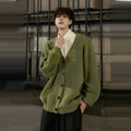 Men's loose fit V-neck knitting cardigan in a cotton blend fabric, shown in Army Green.