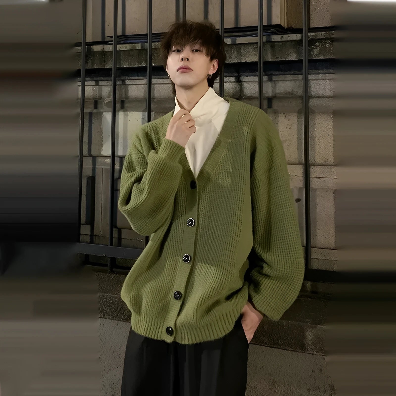 Men's loose fit V-neck knitting cardigan in a cotton blend fabric, shown in Army Green.