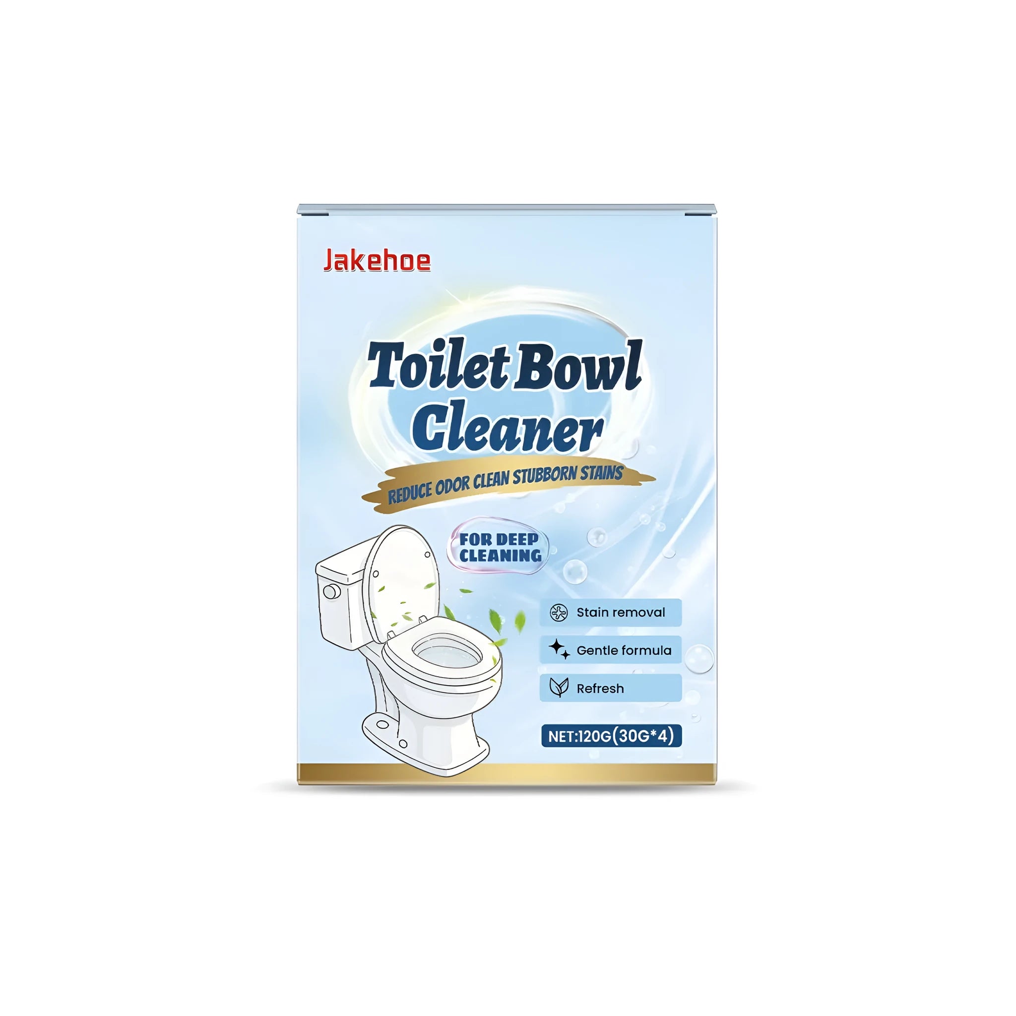 Toilet cleaning powder in 120g pack with four 30g sachets showing sodium bicarbonate and citric acid formula