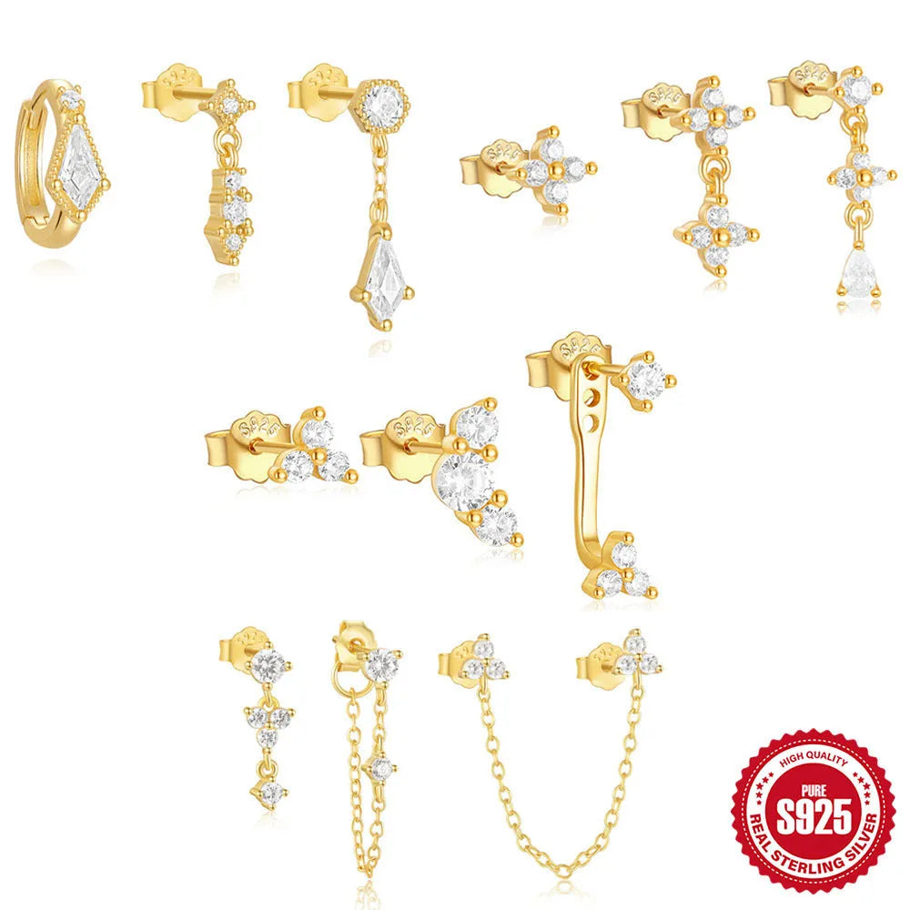 Three geometric zircon tassel stud earrings in S925 sterling silver with gold colour tones
