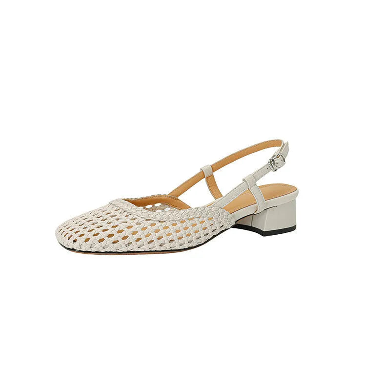 Women's woven hollow-out closed toe sandals with 4cm chunky heel and buckle fastening in black and beige