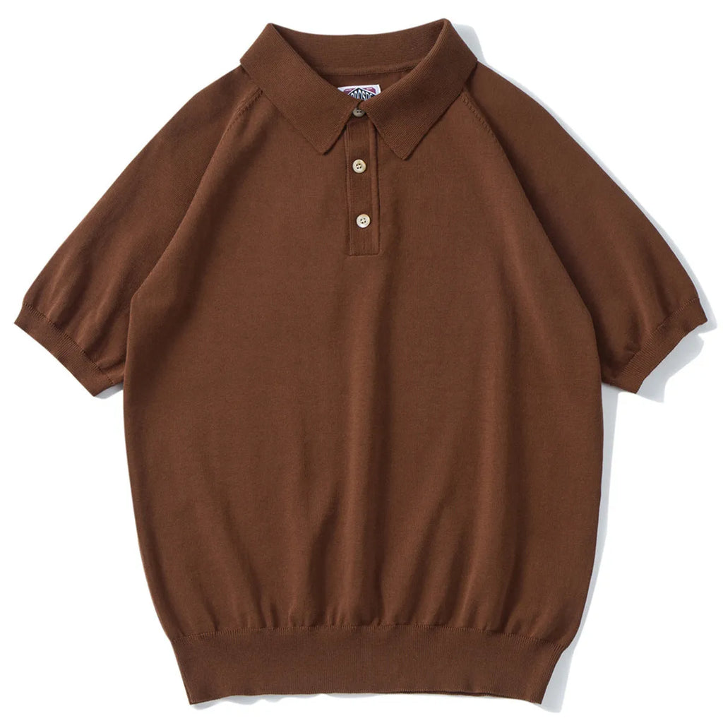 Retro knitted cotton short-sleeved slim fit T-shirt in dark brown solid colour
